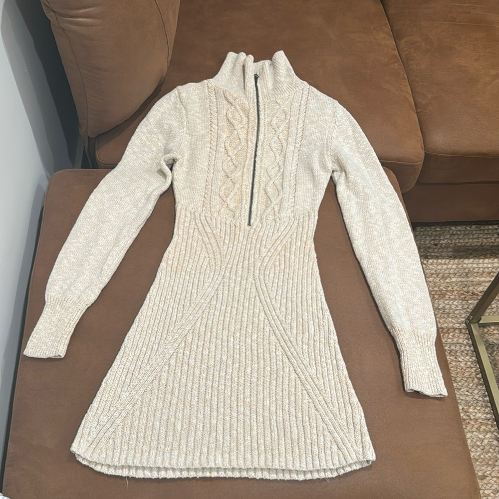 Free People Women's Tan Knitted Zip Up Bodycon Mont Blanc Mini Sweater Dress - M - Picture 2 of 8